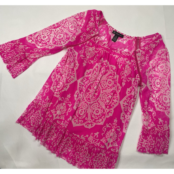 INC Size Medium White Pink Ruffled Nordic Bell Sleeve Square Neck Top Boho Flair - Picture 12 of 12